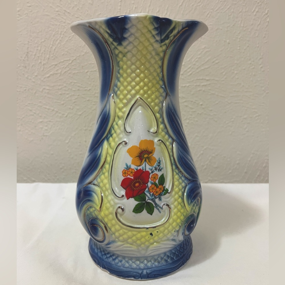 Vintage 9” Tall Hand Painted Floral Ceramic Vase
